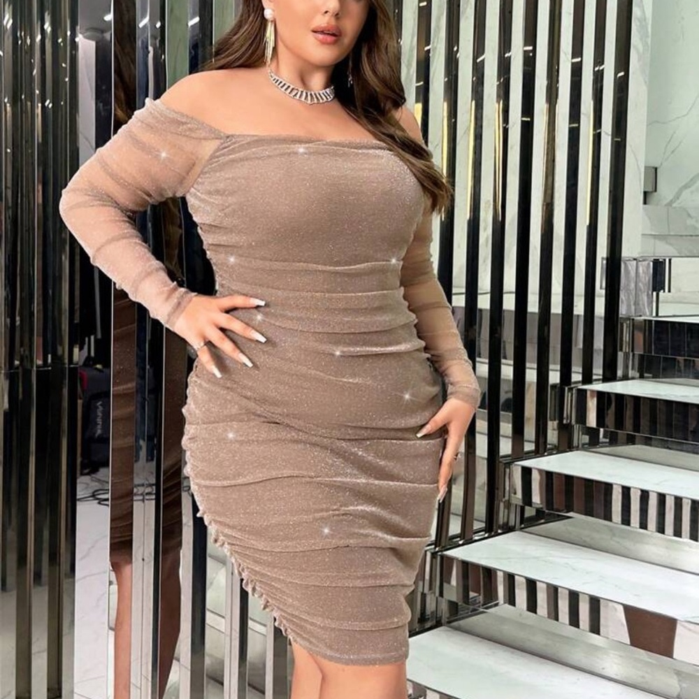 SHEIN Shimmering Tan Long Sleeve Dress
